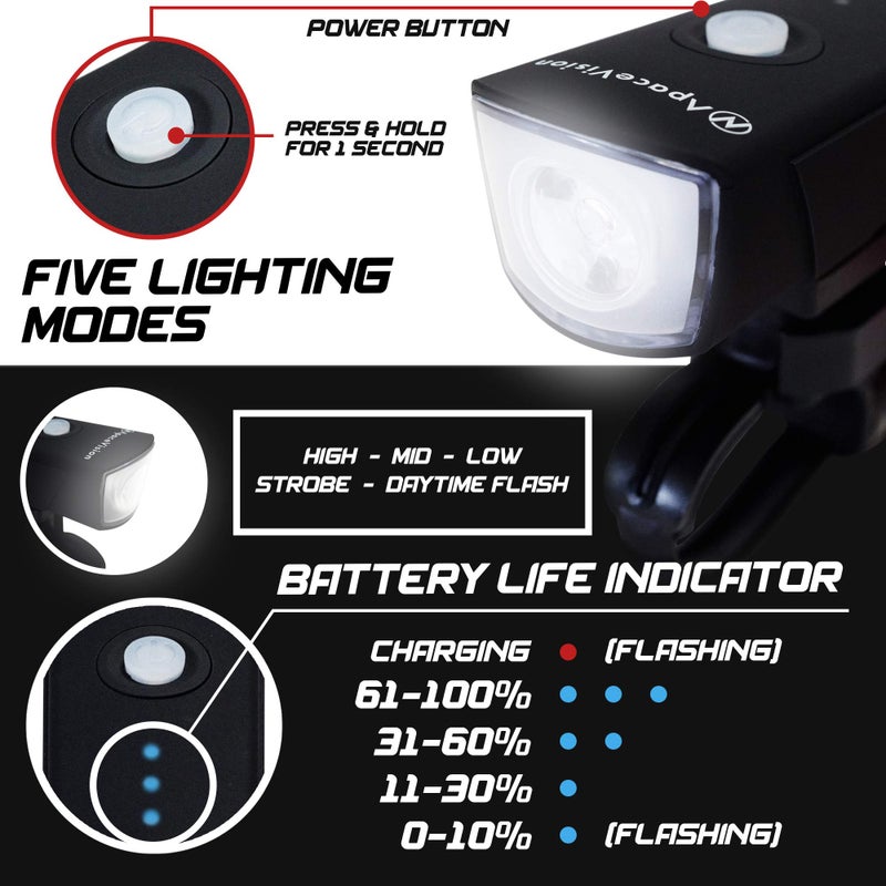 Apace Vision 500 Lumens Bike Light Set USB Rechargeable - Powerful Bicycle Headlight & LED Tail Light Combo - Super Bright IPX5 Waterproof MTB Road Commuter Front and Back Cycle Lights by Apace - Image 5